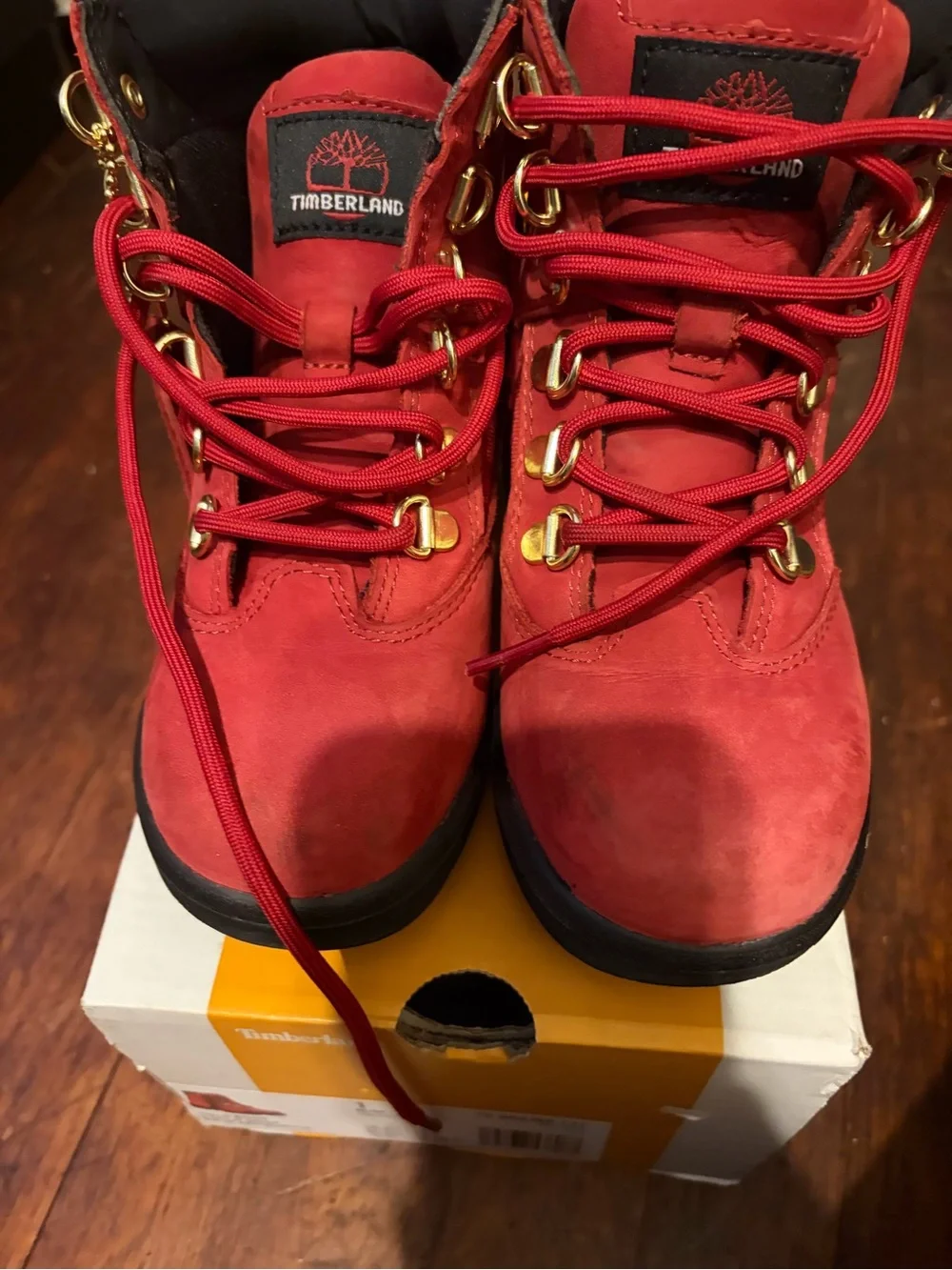 Timberland Red Nubuck Lace-Up Boots with Black Collar size 1